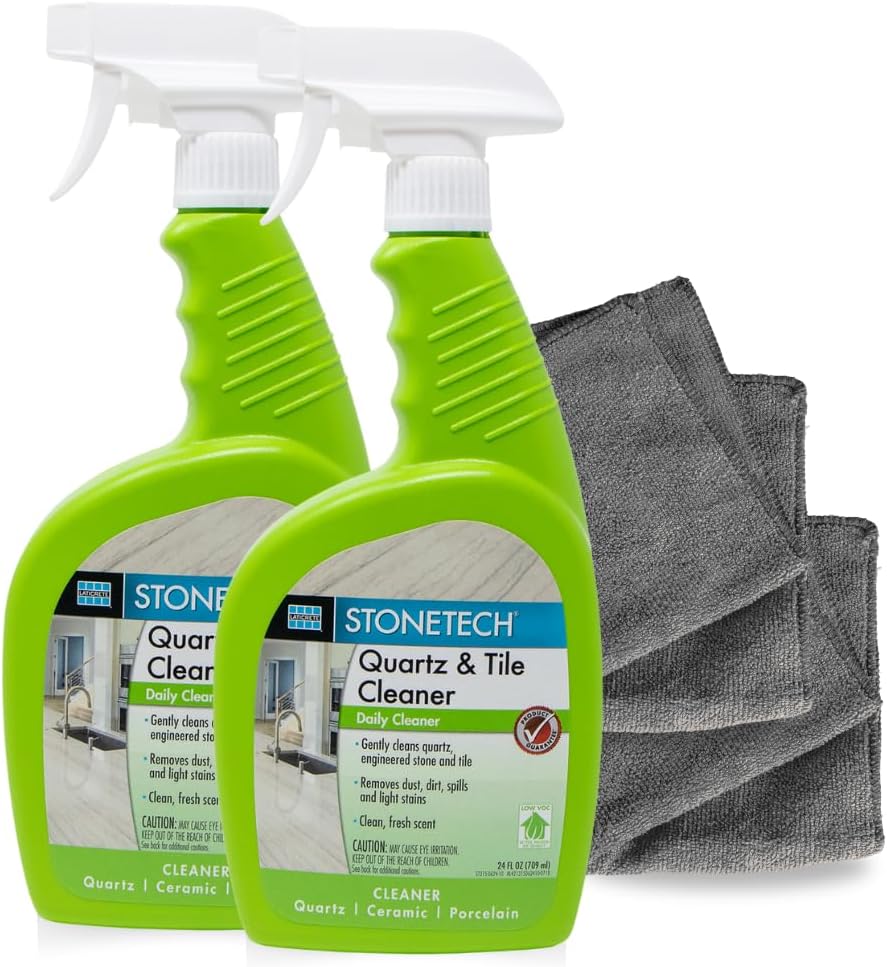 StoneTech Quartz & Tile Cleaner Spray – Quartz Countertop Cleaner for Engineered Stone, Ceramic & Porcelain – Removes Dirt & Spills – 2-Pack, 24oz Each + 2 Microfiber Cloths Fresh Scent