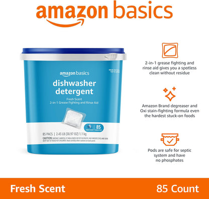 Amazon Basics Dishwasher Detergent Pacs, Fresh Scent, Cuts Grease, Rinses Clean, Removes 24HR Dried-On Stains, 85 Count (Previously Solimo)