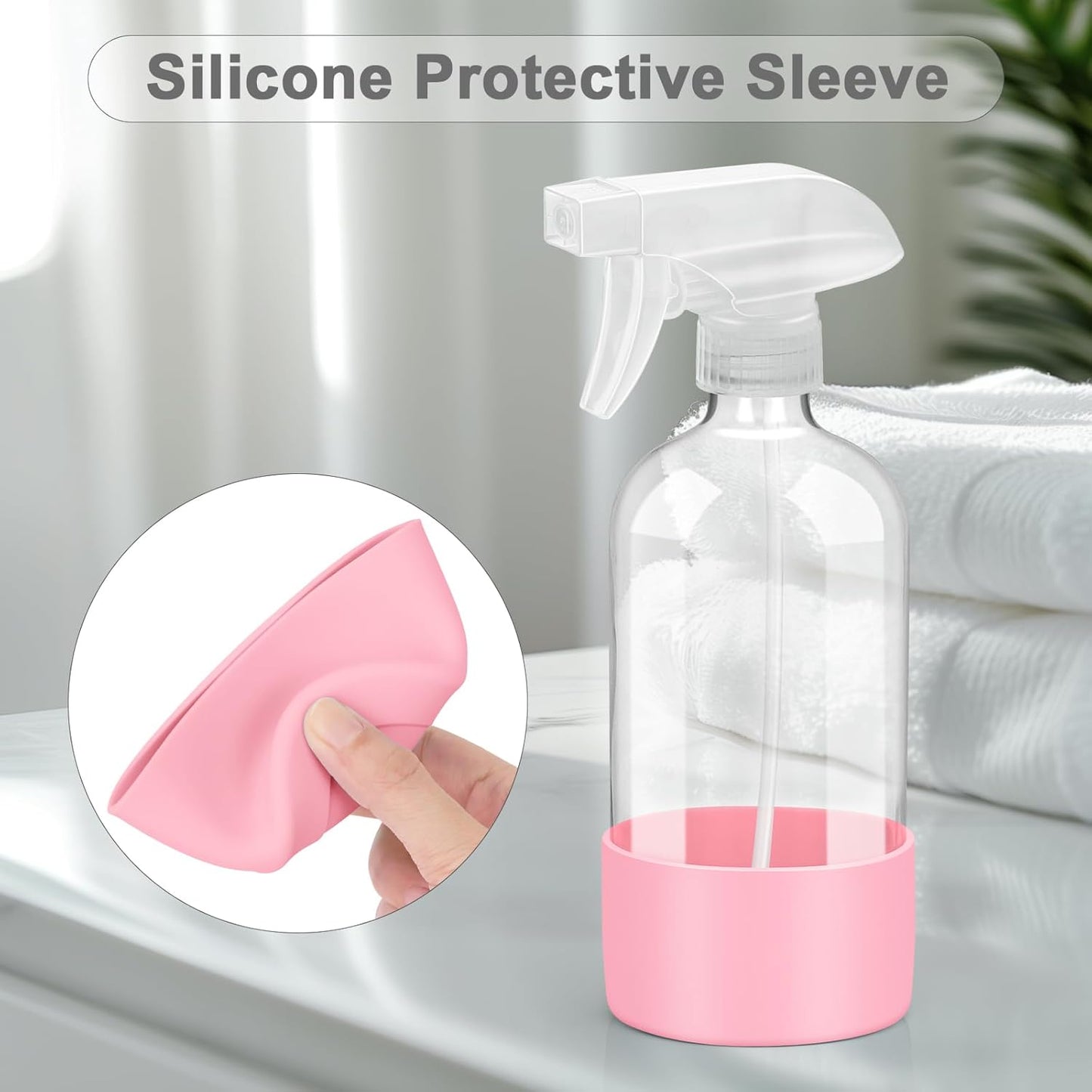 Worldgsb 2 Pack Glass Spray Bottles with Silicone Sleeve, 16 oz Empty Refillable Containers with Adjustable Spray Nozzles, Spray Bottles for Hair, Cleaning Solutions and Plants Blue&Grey