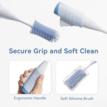 Baby Bottle Brush Set, Innovative Efficient Press-to-Spin Brush Cleaner - Includes Silicone Bottle Brush, Nipple Brush, Straw Cleaner - Spinning Generates Rich Foam for Deep Cleaning, Blue