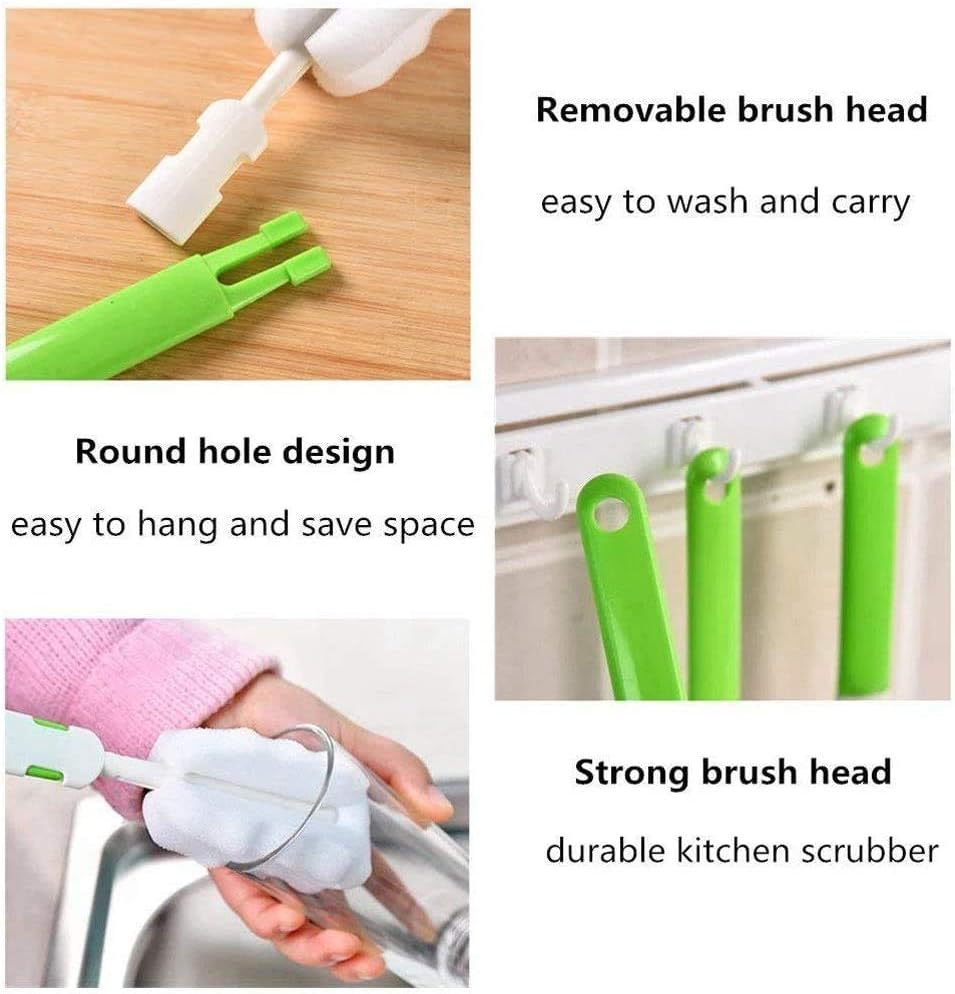 Bottle Brush Sponge Cup Brush Set with 4 Replacement Brush Head Portable Long Handle Water Bottle Cleaner Brush, for Baby Bottles Vacuum Flasks (4 Brushes + 4 Heads)