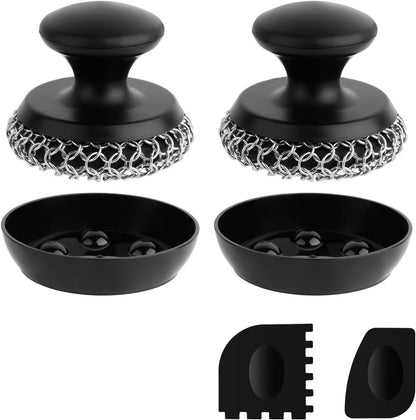 Cast Iron Scrubber Cleaner, Chainmail Scrubber for Cast Iron Pan Skillet, Dish Scouring Pad, 316 Stainless Steel Brush/Scraper for Metal Skillet Scrubbing, Wok, Dutch Oven Cleaning Kit - Thin Mesh