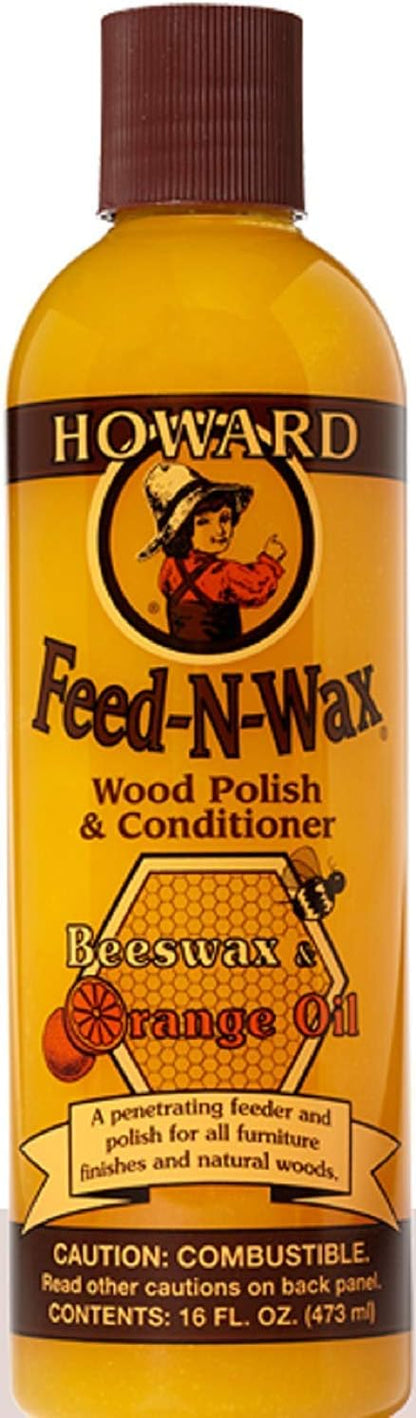 Howard Products Beeswax Wood Polish & Conditioner, Feed-N-Wax, Beeswax Furniture Polish For Wood, 16 Oz, Orange