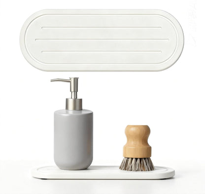 2PCS Water Absorbing Stone Drying Tray Mat for Bathroom Sink & Kitchen Counter Faucet Organizer, Quick Dry Dish Rack Soap Dispenser Sponge Holder, Vanity Sink Caddy Bar Coaster, Ivory White 8“x 4”