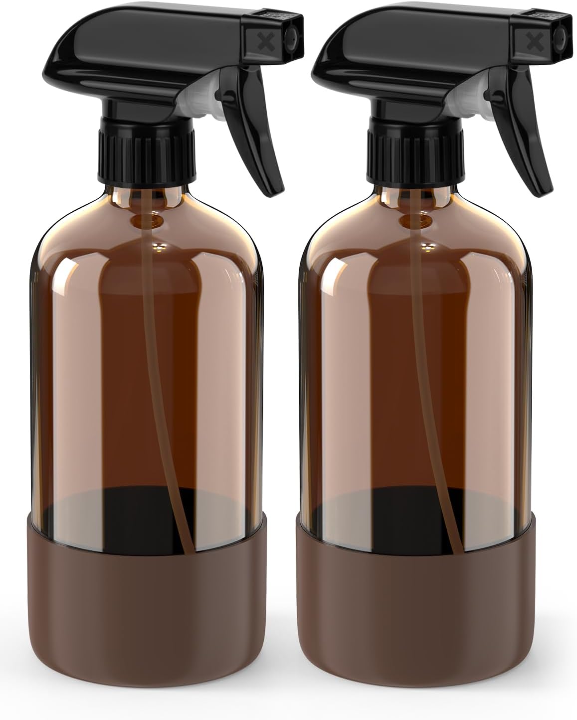 Bontip Glass Spray Bottle with Silicone Sleeve Protection, Amber Glass Spray Bottle Set for Window Cleaner Aromatherapy Facial Hydration Watering Flowers Hair Care 2 Pack/16 oz (Black & Brown)