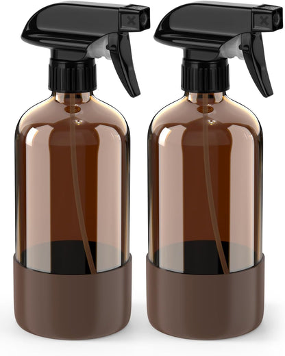 Bontip Glass Spray Bottle with Silicone Sleeve Protection, Amber Glass Spray Bottle Set for Window Cleaner Aromatherapy Facial Hydration Watering Flowers Hair Care 2 Pack/16 oz (Black & Brown)