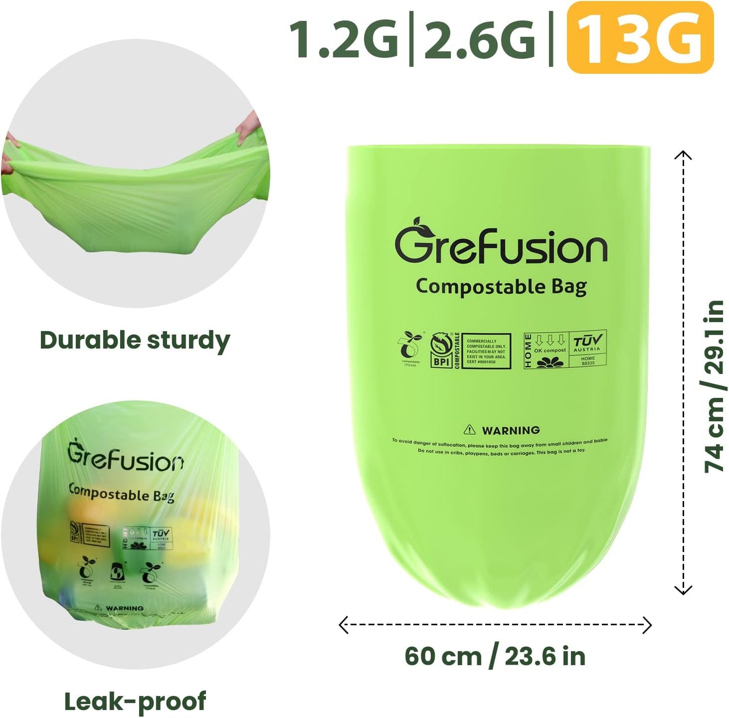 GreFusion Compostable Bags 1.2 Gallon,125 Count, Fits 0.75,1,1.2,1.3,1.6,1.8 Gallon Countertop Bin, Small compost bags, Certified by BPI, ASTM D6400 and OK Compost