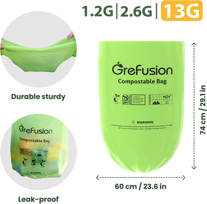 GreFusion Compostable Bags 1.2 Gallon,125 Count, Fits 0.75,1,1.2,1.3,1.6,1.8 Gallon Countertop Bin, Small compost bags, Certified by BPI, ASTM D6400 and OK Compost