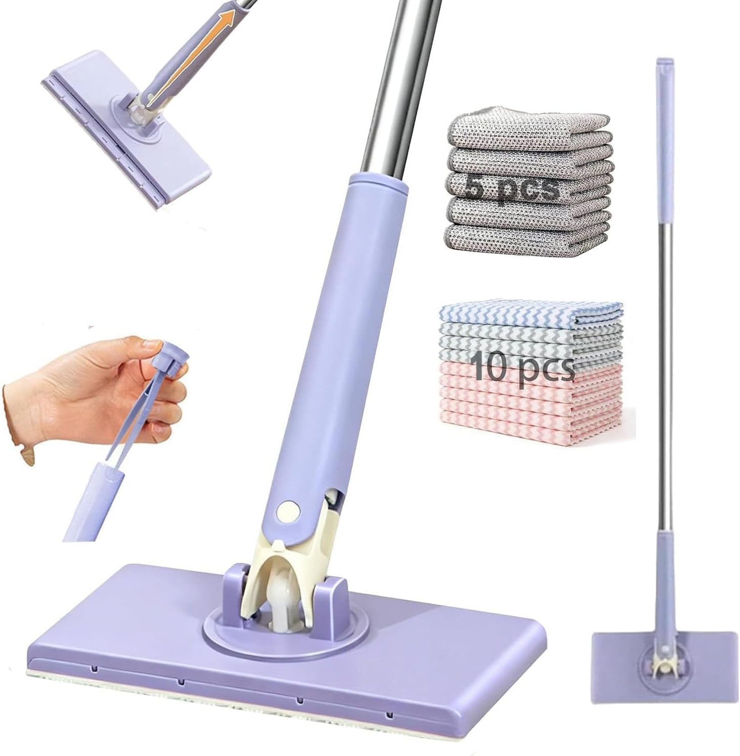 2026 Upgraded Snap Grip Mini Mop, Zero Touch Mini Mops, Cloth Changing Mini-Mop with Automatic Hands Free Push Pull Handle, Disposable Dust Mop, with 5 Non Scratch Wire dishcloths (45.3in+10cloths)