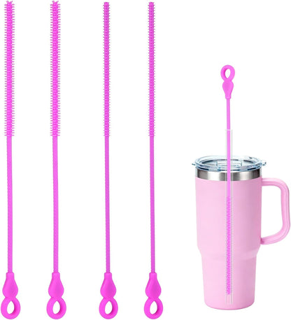 Silicone Straw Cleaner Brush, 4-Piece Reusable Straw Brush Set with Extra-Long Design for Cleaning Thin Metal Straws and Wider Milkshake Straws （6mm+9mm Pink)