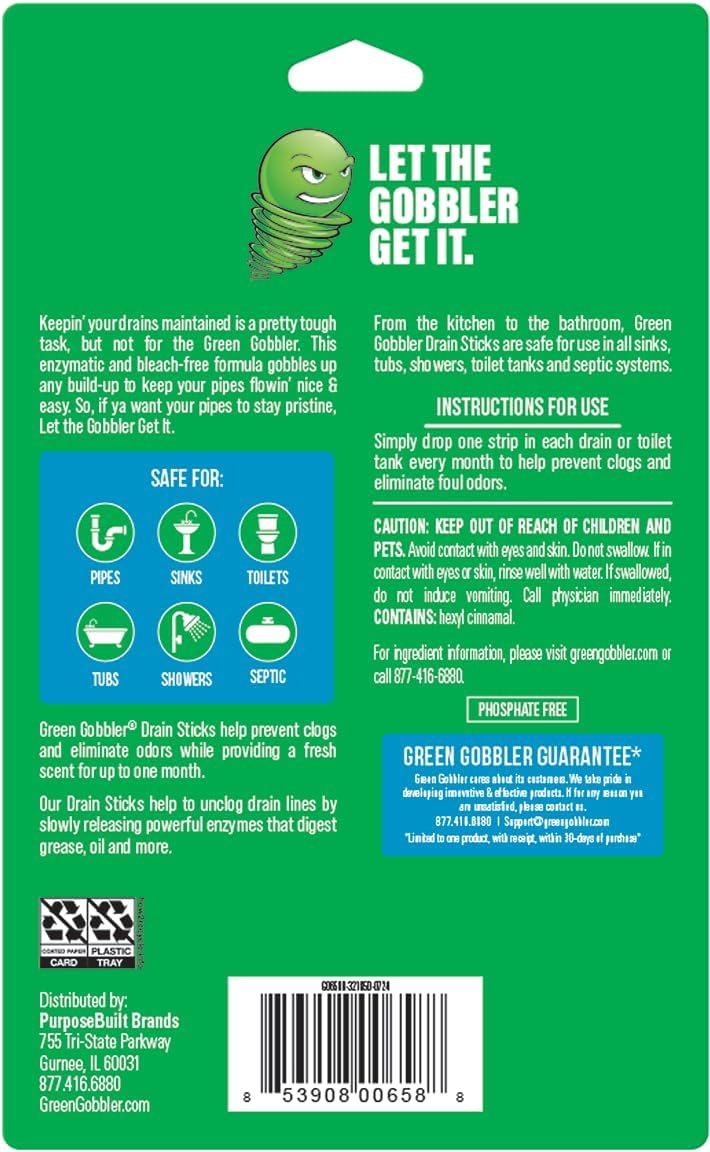 Green Gobbler Drain Cleaner & Deodorizer FRESH SCENT Sticks for Toilet Tanks, Sinks, Bathtub Drains, Washing Machine Drains and Garbage Disposals - 24 Pieces