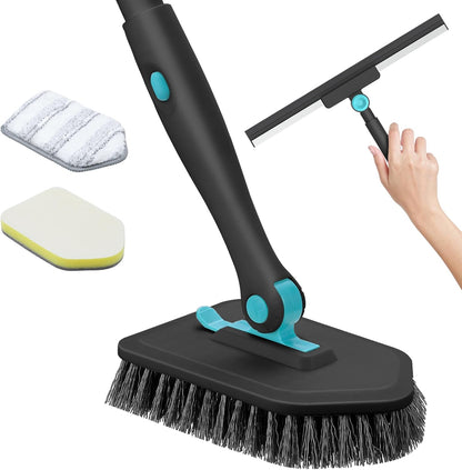 nacena Shower Scrubber with Long Handle, 3 in 1 Tile Tub Scrubber Brush with 3 Detachable Cleaning Heads Adjustable Handle Shower Cleaner Brush for Bathroom, Kitchen, Toilet, Wall, Sink, Blue White