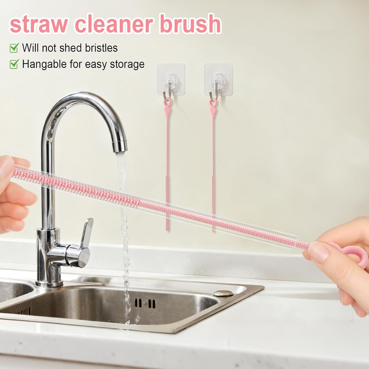 Silicone Straw Cleaner Brush, 4-Piece Reusable Straw Brush Set with Extra-Long Design for Cleaning Thin Metal Straws and Wider Milkshake Straws （6mm+9mm Pink)