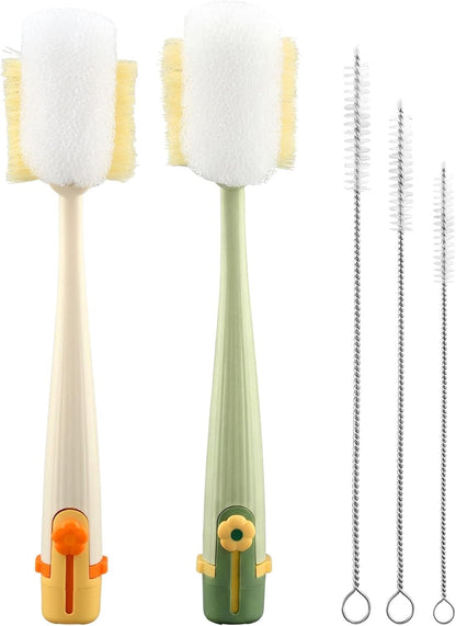 5 in 1 Bottle Cleaning Brush Set, Multifunctional Kitchen Lid Brush Cleaning Tool and Straw Cleaner, Long Handle Bottles Scrubber for Cup Lids, Hard Bristle Sponge Head Bottle Brushes