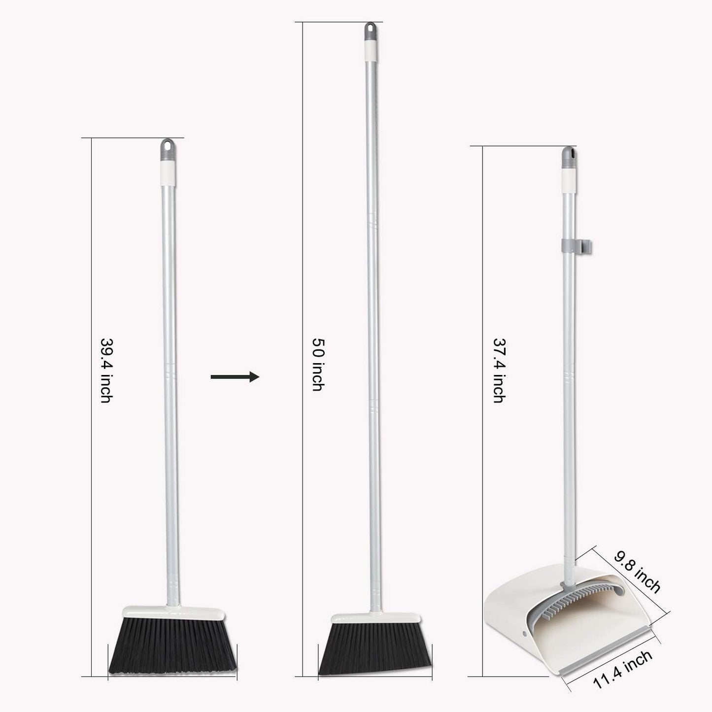 JEHONN Broom with Dustpan Combo Set, Long Handle Lightweight Indoor Broom Set, Upright Standing Dust Pan with Comb Teeth Store Sweep Set for Home Room Kitchen Office Lobby (Rose Red)