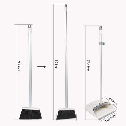 JEHONN Broom with Dustpan Combo Set, Long Handle Lightweight Indoor Broom Set, Upright Standing Dust Pan with Comb Teeth Store Sweep Set for Home Room Kitchen Office Lobby (Rose Red)