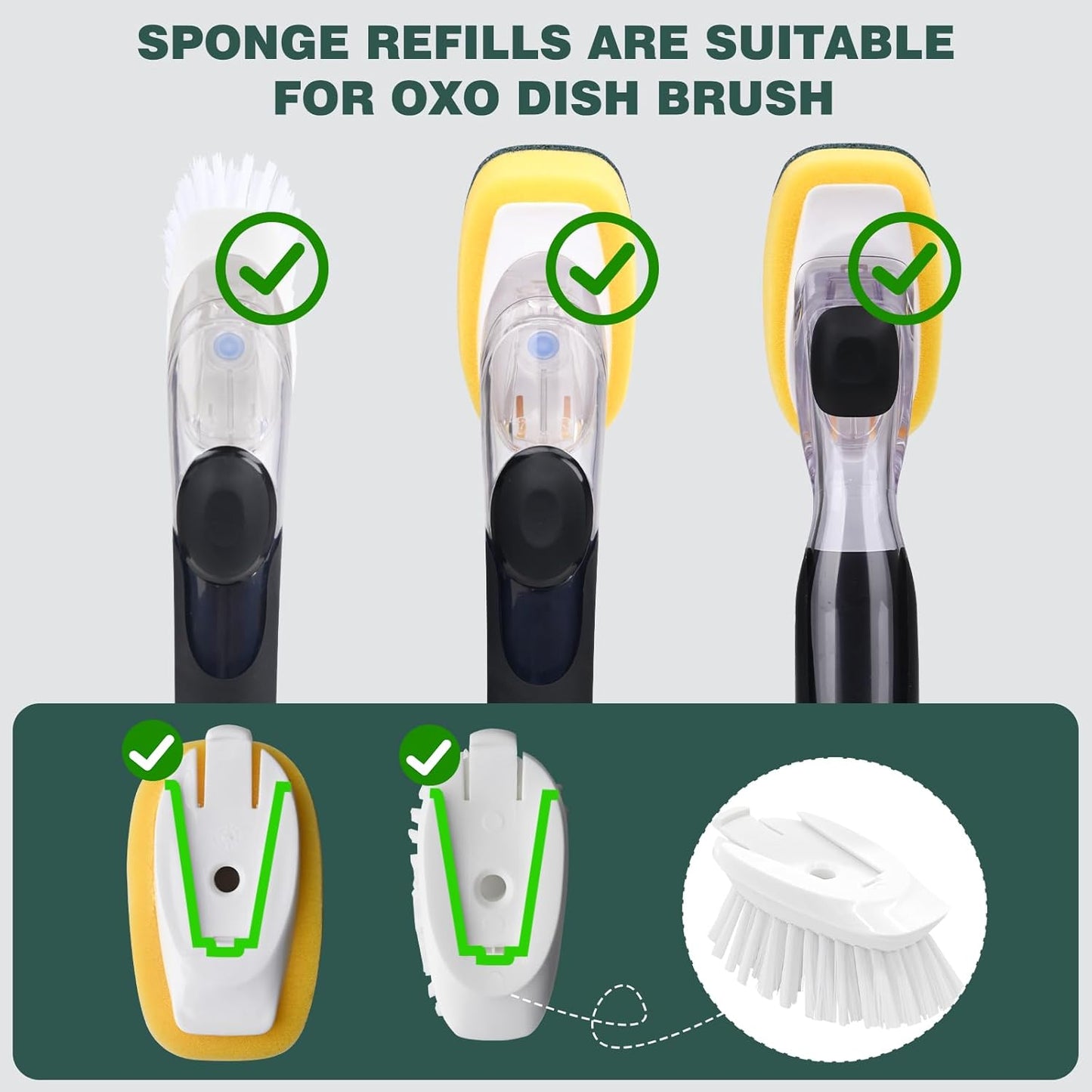 Sponge Brush Refills for OXO Dish Brush, 8 Pack Soap Dispensing Dish Refills, Scrub Replacement Head for Scrubber, Sponge Replacement Head Fits Soap Dispensing Handle