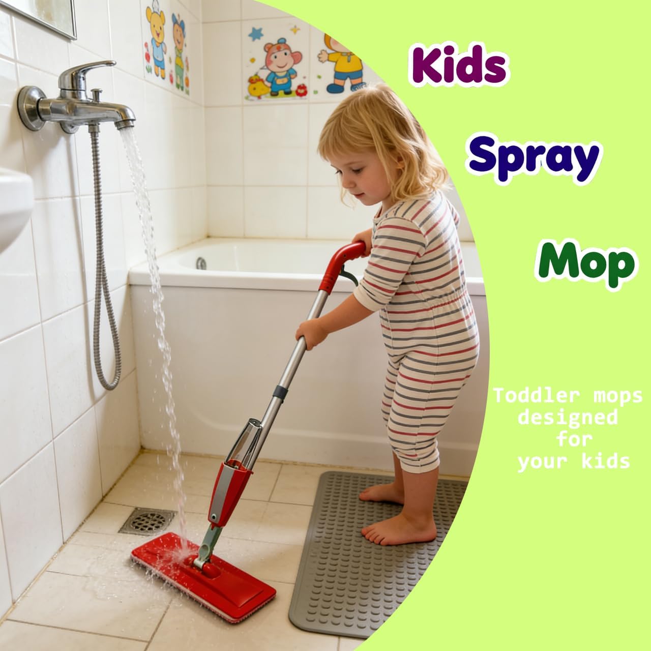 Kids Spray Mop Fun&Functional Toddler Cleaning Set Kids Mop with Real Water Sprayer Bottle Washable Pads Pretend Play Montessori Housekeeping Gifts for Toddlers Kids Girls Boys(Green)