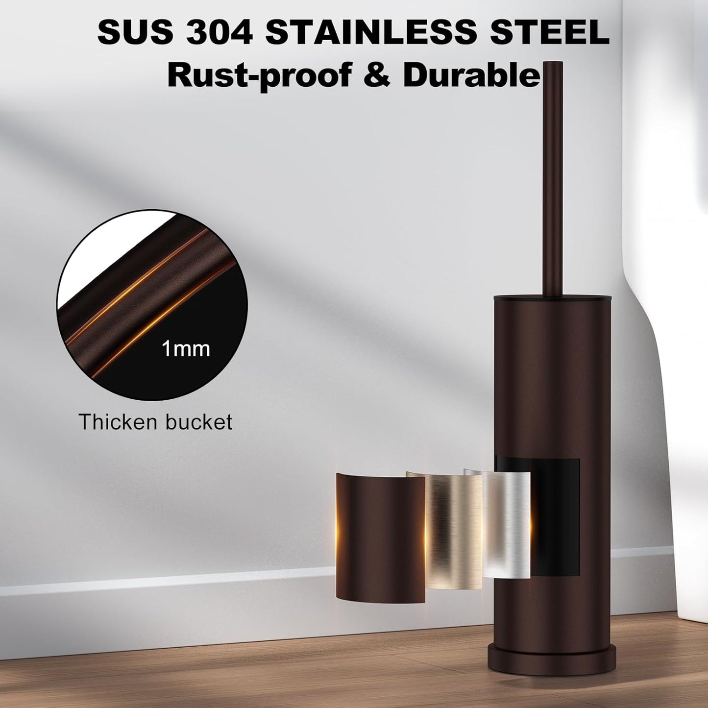 Bronze Toilet Brush and Holder Set，Stainless Steel Heavy Duty Toilet Bowl Brush，Extra Long Handled Modern Toilet Cleaner Brush, Removable Inner Bowl, and Splash Protection