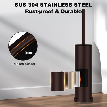 Bronze Toilet Brush and Holder Set，Stainless Steel Heavy Duty Toilet Bowl Brush，Extra Long Handled Modern Toilet Cleaner Brush, Removable Inner Bowl, and Splash Protection