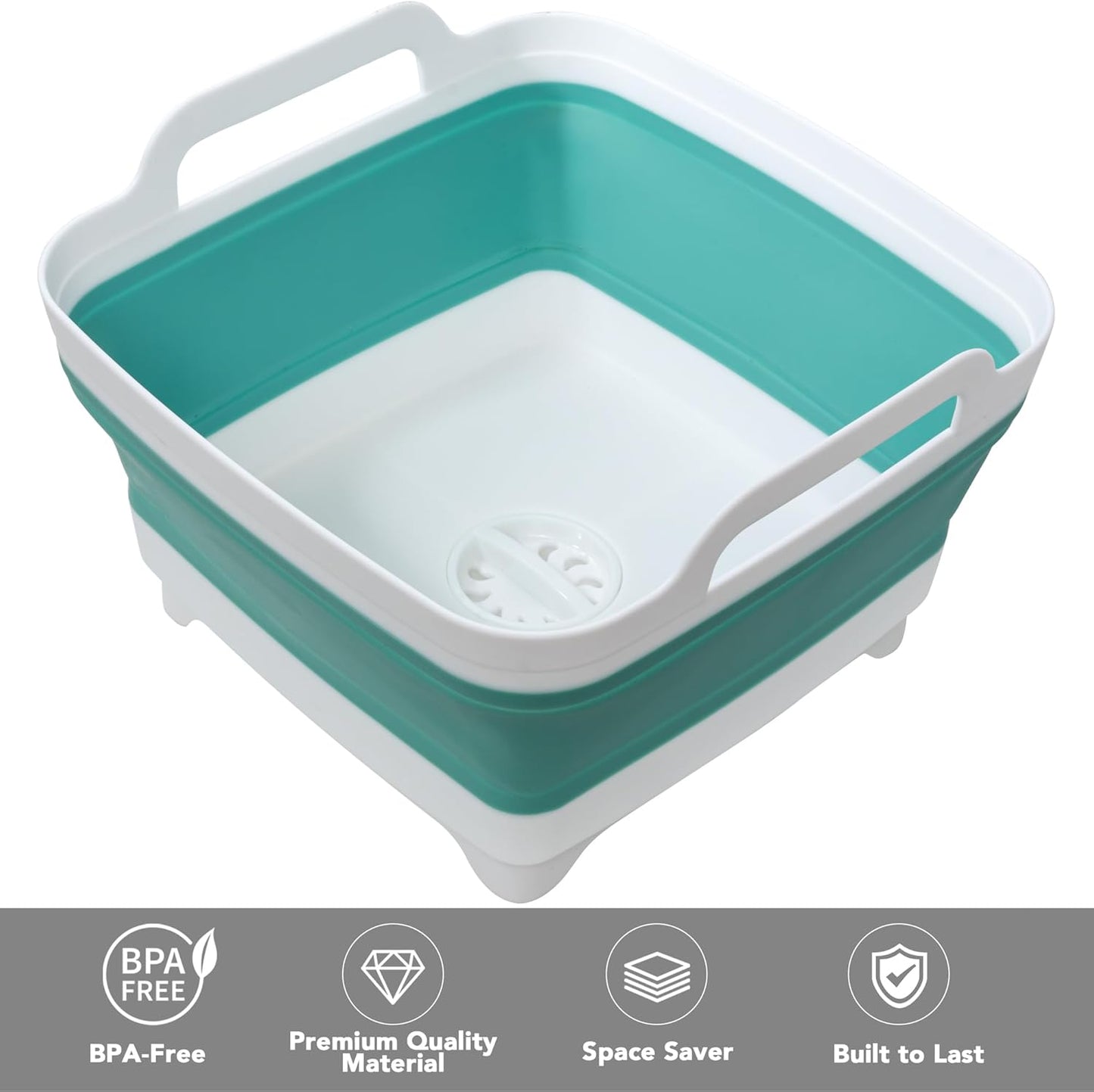 2 Pack Dishpan for Washing Dishes, 2.4Gal/9L Wash Basin with Draining Plug Carry Handles, Collapsible Bucket for Cleaning, Portable Sink, Foldable Plastic Tub