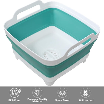 2 Pack Dishpan for Washing Dishes, 2.4Gal/9L Wash Basin with Draining Plug Carry Handles, Collapsible Bucket for Cleaning, Portable Sink, Foldable Plastic Tub