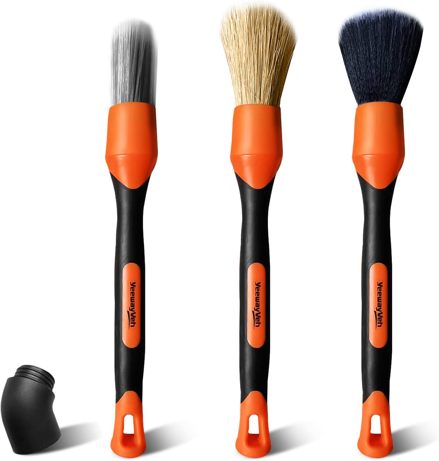 YeewayVeh 3pcs Car Detailing Brush Set, Boars Hair Detailing Brushes, Ultra Soft Detail Brush for Air Vent Leather Seat, Scratch Free Car Detailing Brushes for Interior Exterior, Orange