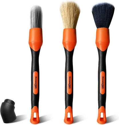 YeewayVeh 3pcs Car Detailing Brush Set, Boars Hair Detailing Brushes, Ultra Soft Detail Brush for Air Vent Leather Seat, Scratch Free Car Detailing Brushes for Interior Exterior, Orange
