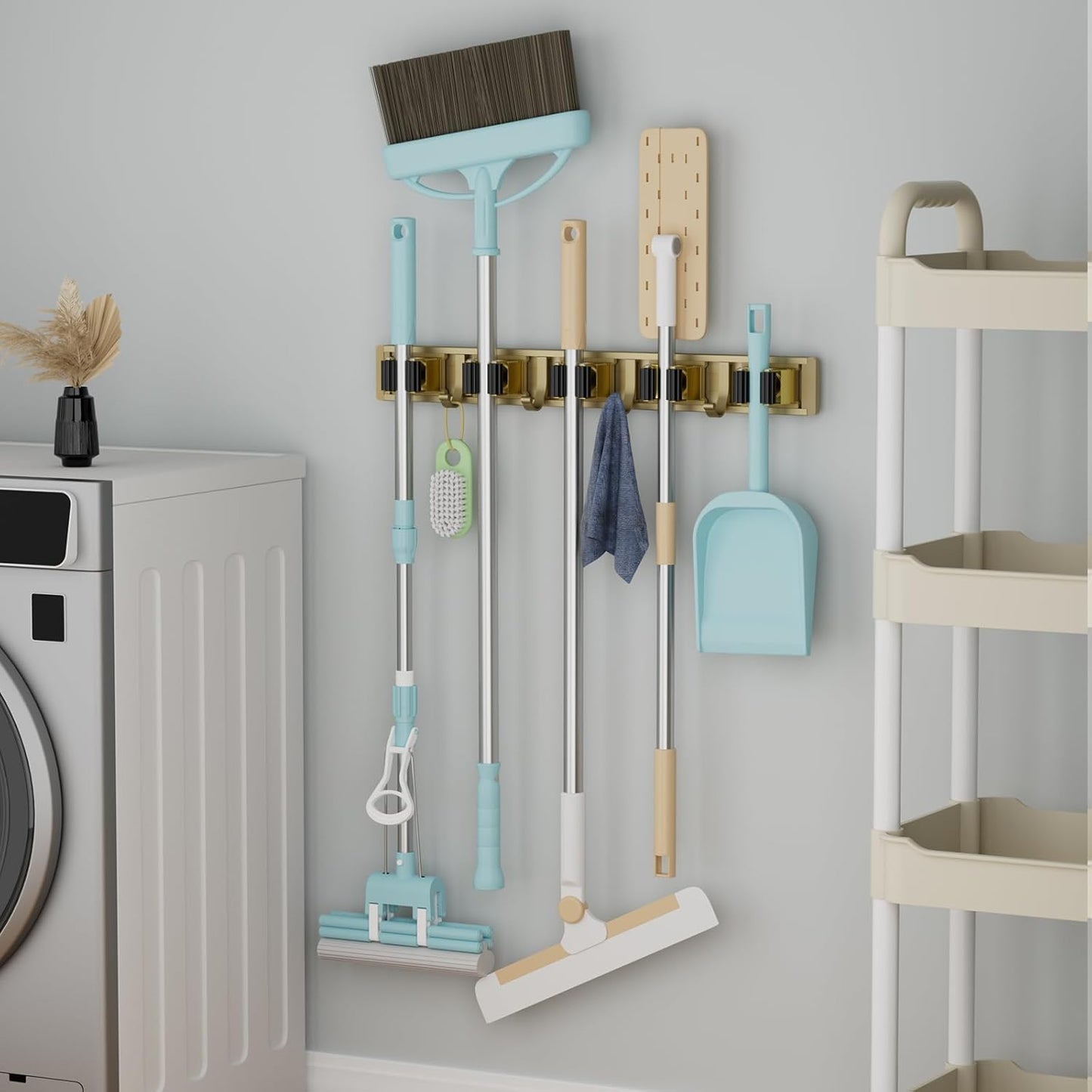 reliahom Adjustable Broom Holder Wall Mount, Mop Storage Tool Racks, Broom Hanger Tool Organizer for Garage, Kitchen, Garden, Laundry Room, 4 Racks 5 Hooks Silver