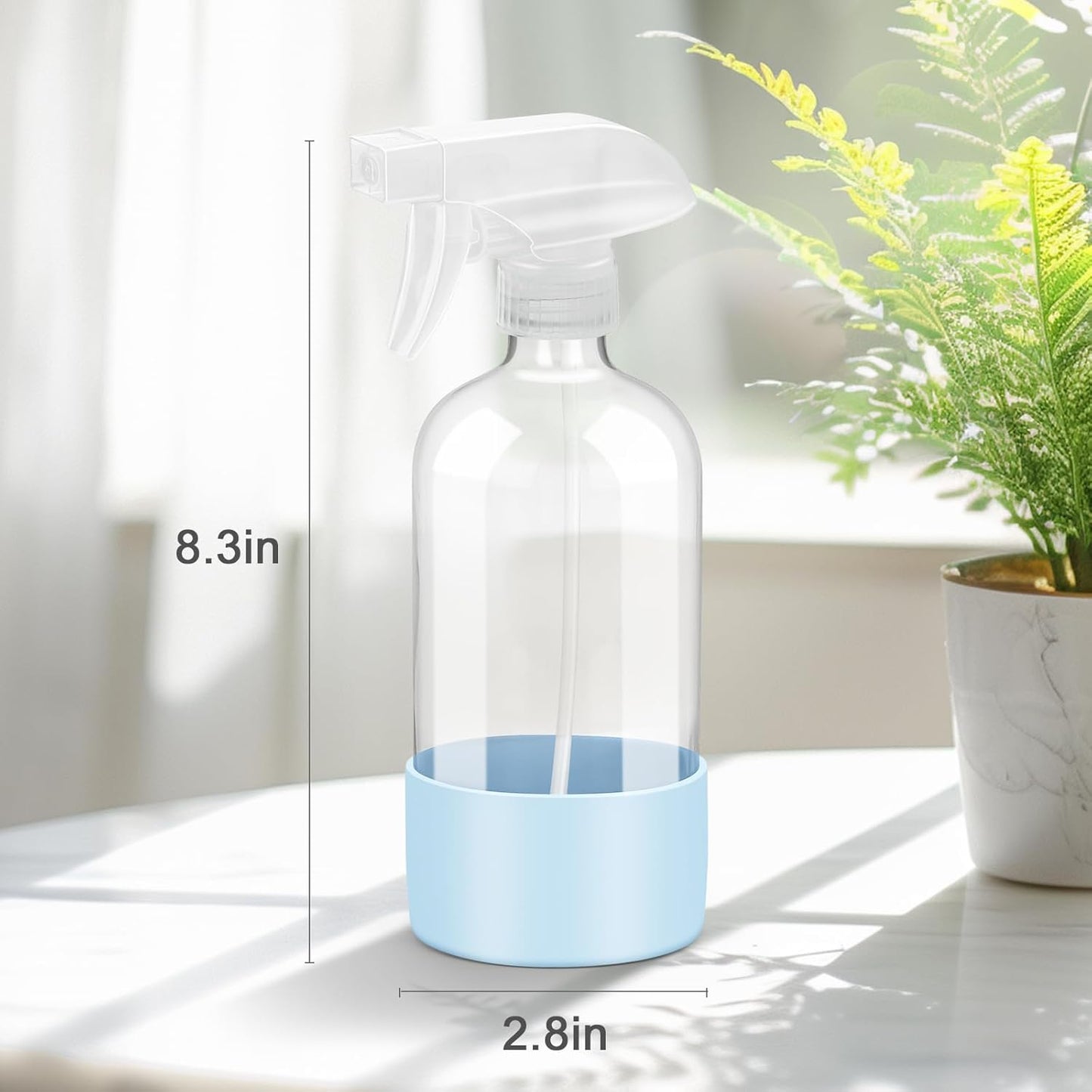 Worldgsb 2 Pack Glass Spray Bottles with Silicone Sleeve, 16 oz Empty Refillable Containers with Adjustable Spray Nozzles, Spray Bottles for Hair, Cleaning Solutions and Plants Blue&Grey