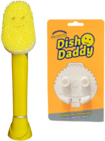 Scrub Daddy Dish Daddy Dish Wand & Refill Heads, Soap Dispensing Dish Brush, Texture Changing Washing Up Sponge With Liquid Handle, Dish Sponge with Built-in Scraper & Scrubbing Head, Drip stand, Blue