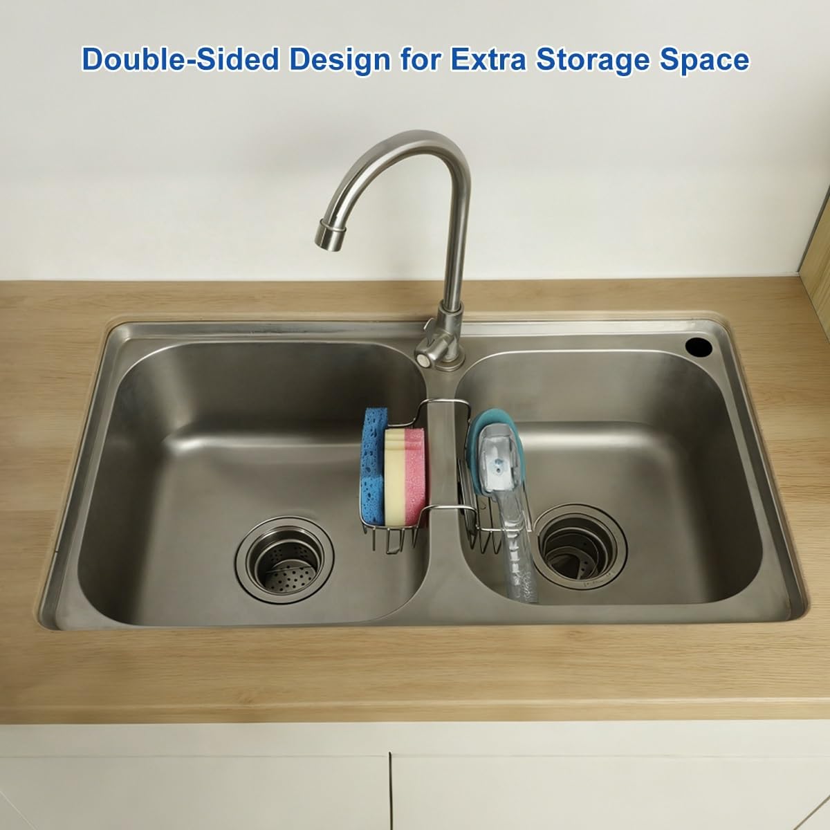 LANMU Stainless Steel Sponge Holder for Kitchen Sink, Movable Sink Caddy Hanging Sponge for Double Bowl Sink, Rustproof Organizer for Brush, Scrubber Storage, Fits 2-inch Width Sink Divider