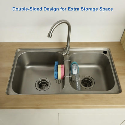 LANMU Stainless Steel Sponge Holder for Kitchen Sink, Movable Sink Caddy Hanging Sponge for Double Bowl Sink, Rustproof Organizer for Brush, Scrubber Storage, Fits 2-inch Width Sink Divider