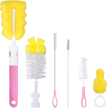 Baby Bottle Cleaning Brush 6-Piece Set Detachable Sponge Bottle Brush, Nylon Milk Bottle Brush, 2PCS Nipple Brush, 2PCS Straw Brush (Pink)