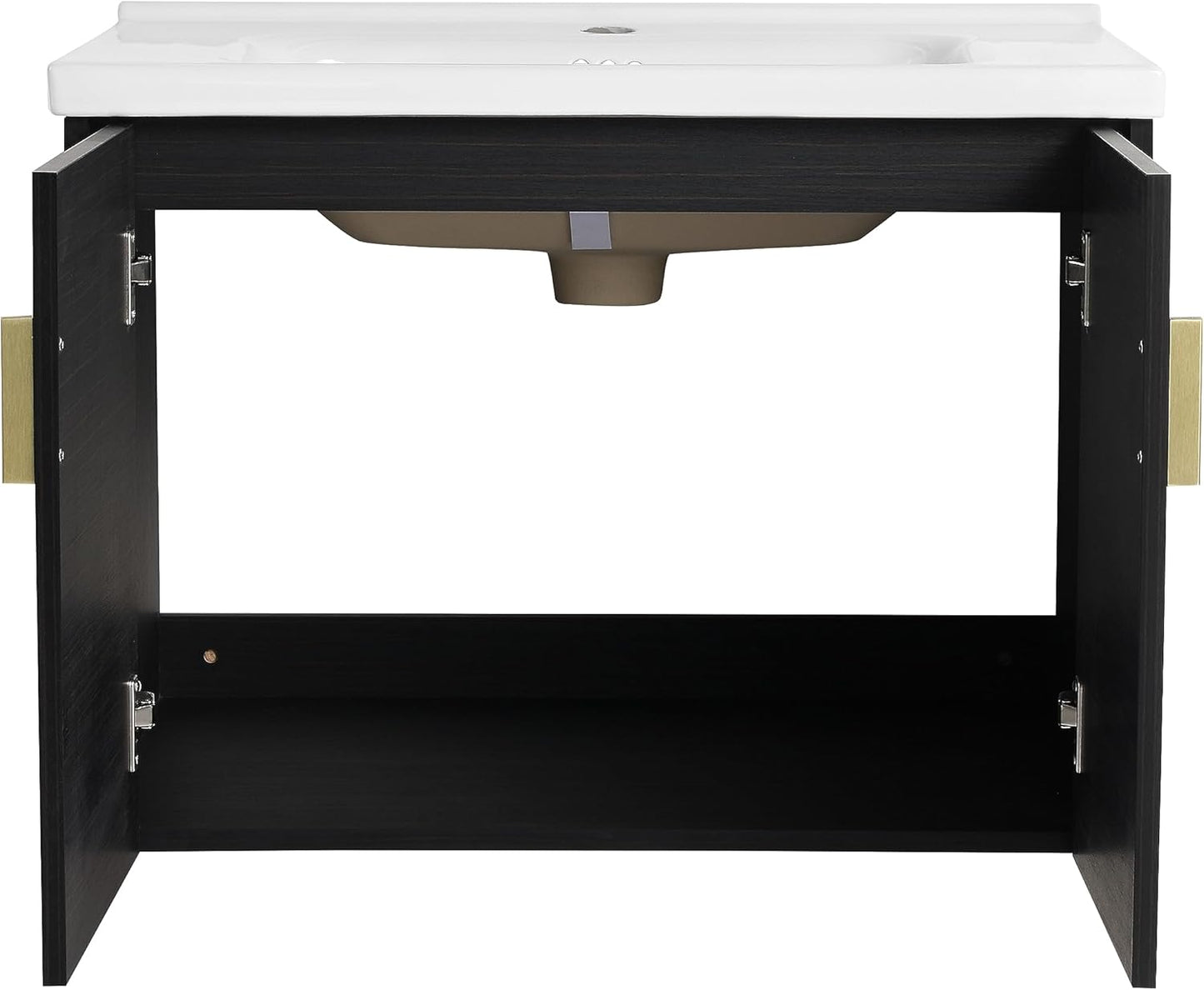 SSLine Modern 24-Inch Bathroom Vanity with Sink Wall Mounted Bathroom Vanity with Top Basin & Storage Cabinet White Wood Floating Vanity w/Ceramic Sink & Gold/Black Handles for Small Space