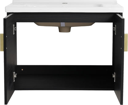 SSLine Modern 24-Inch Bathroom Vanity with Sink Wall Mounted Bathroom Vanity with Top Basin & Storage Cabinet White Wood Floating Vanity w/Ceramic Sink & Gold/Black Handles for Small Space