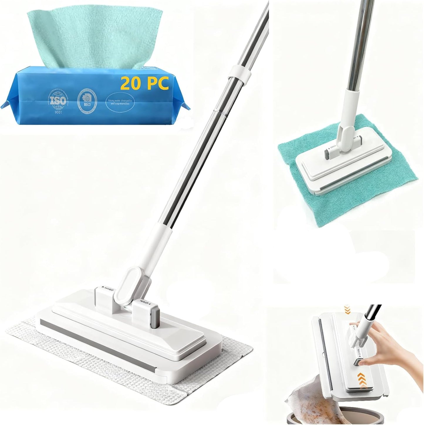 Snap-Grip Mini Mop with 39in Handle — INWEJIA Zero-Touch Gap Dust Cleaner & Locking Head, Disposable Lazy Mop Wet and Dry for Kitchen Bathroom Toilet Corners Window Wall Cleaning