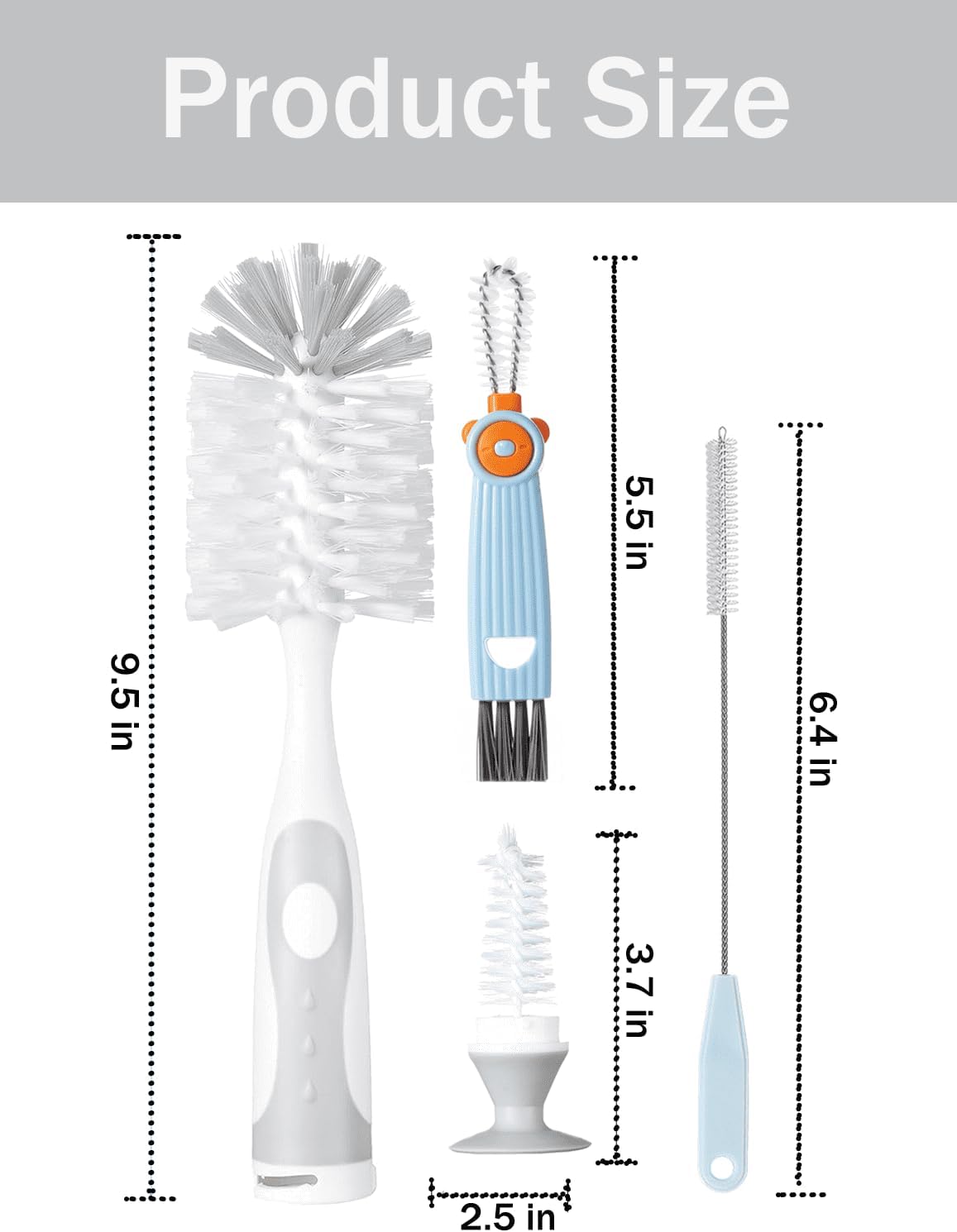 Baby Bottle Brush Set 4 in 1, Baby Bottle Cleaner, with 1P Nylon Bottle Brush, 1P Bottle Cap Brushes, 2P Straw Brushes, Bottle Brush with Nipple Cleaner and Suction Cup, BPA-Free(Green)