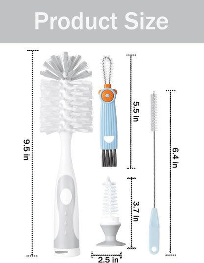 Baby Bottle Brush Set 4 in 1, Baby Bottle Cleaner, with 1P Nylon Bottle Brush, 1P Bottle Cap Brushes, 2P Straw Brushes, Bottle Brush with Nipple Cleaner and Suction Cup, BPA-Free(Green)