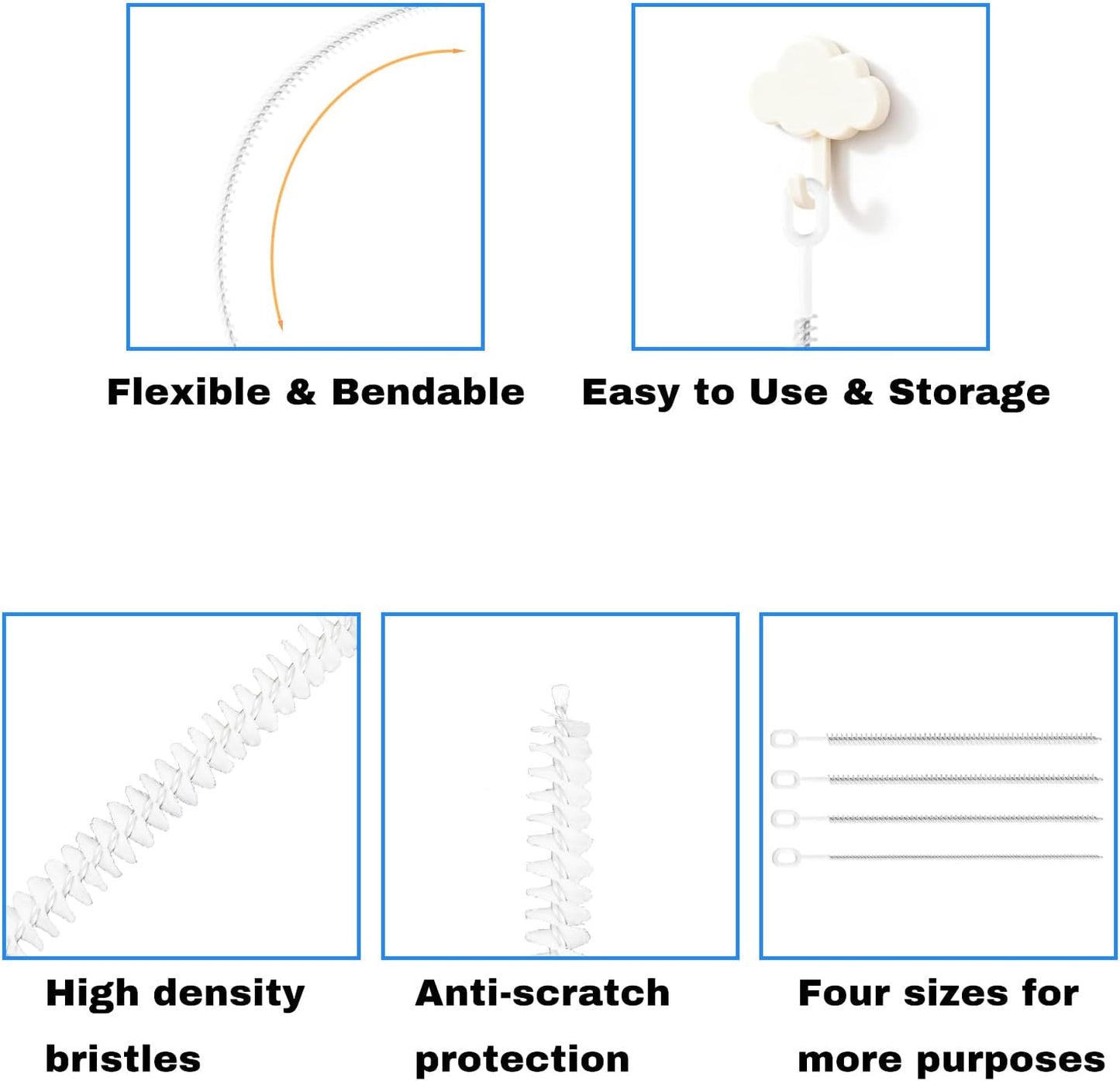 7pcs Reusable Straw Cleaning Set 4 Multi-Size Blue Brushes & 3 Multifunctional 3-in-1 Cup Lid Gap Cleaners for Bottles Mugs Accessories