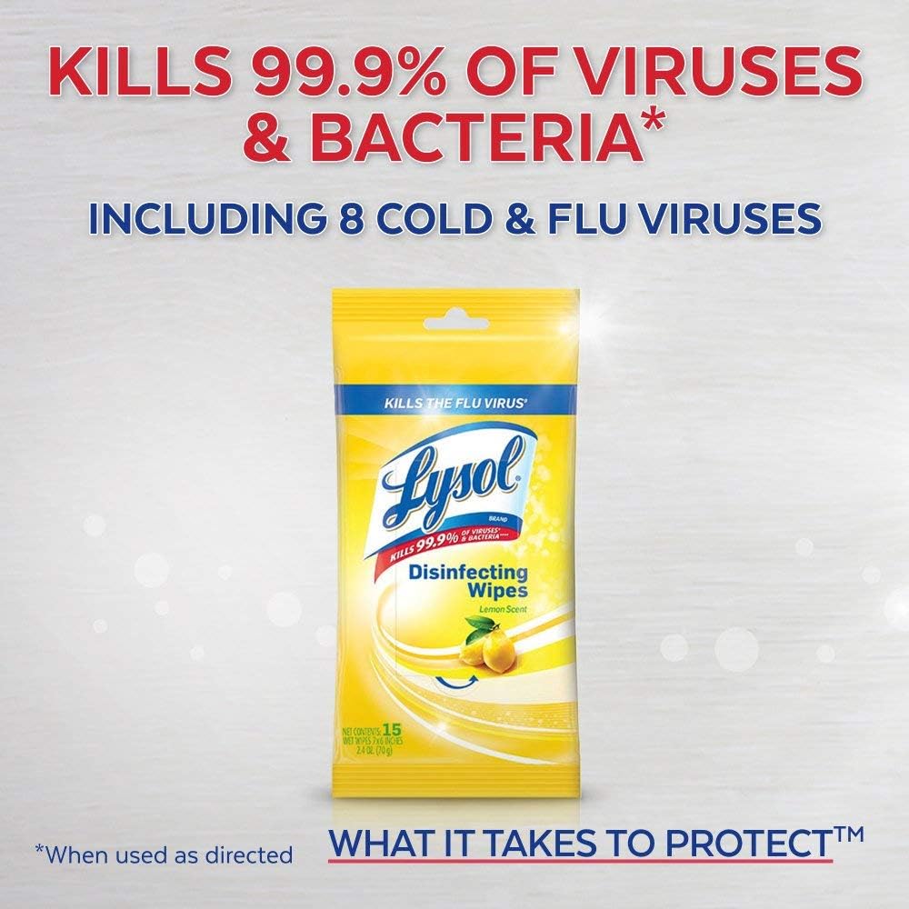 Lysol Disinfecting Wipes To-Go Pack, Lemon Scent, 15 Count (Pack of 2)