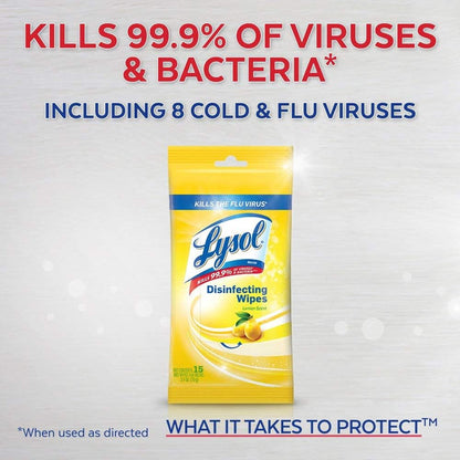 Lysol Disinfecting Wipes To-Go Pack, Lemon Scent, 15 Count (Pack of 3)