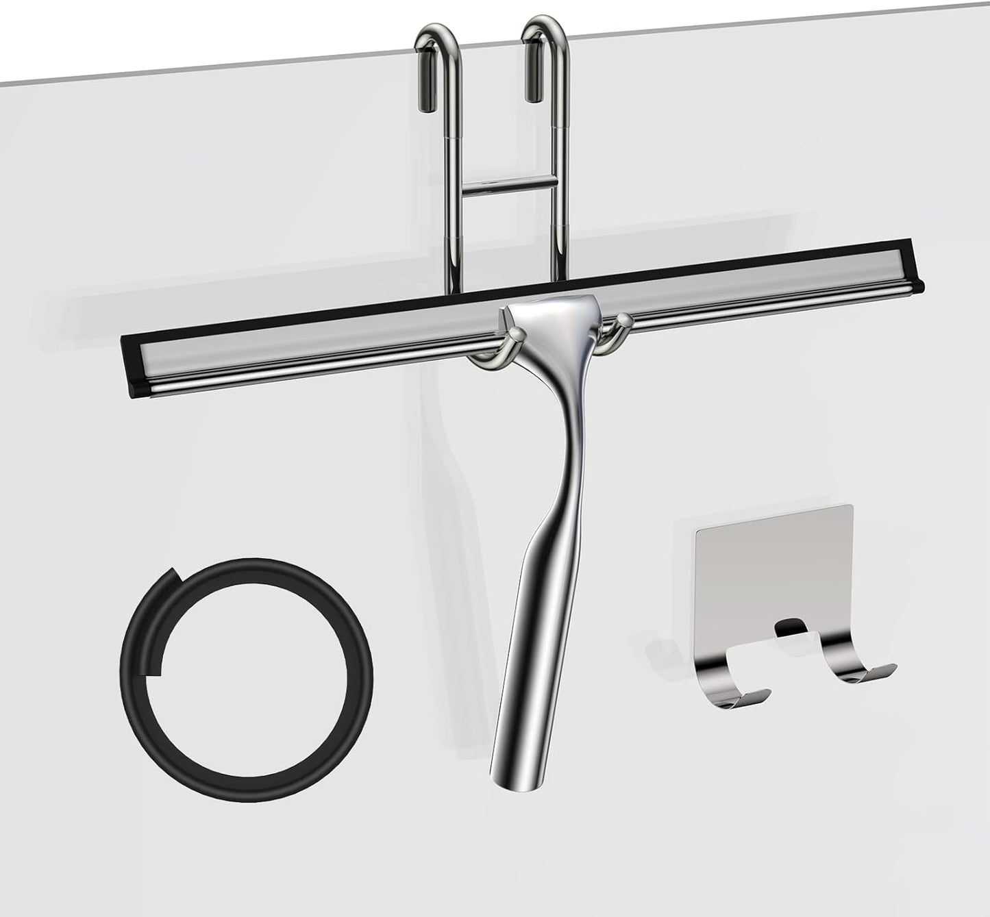 Stainless Steel Squeegee for Shower Glass Doors, 10-Inch All-Purpose Squeegee with Replacement Blade and Matching Hooks Holder, Silver