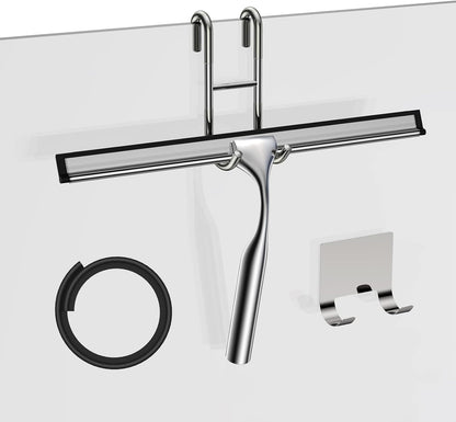 Stainless Steel Squeegee for Shower Glass Doors, 10-Inch All-Purpose Squeegee with Replacement Blade and Matching Hooks Holder, Silver