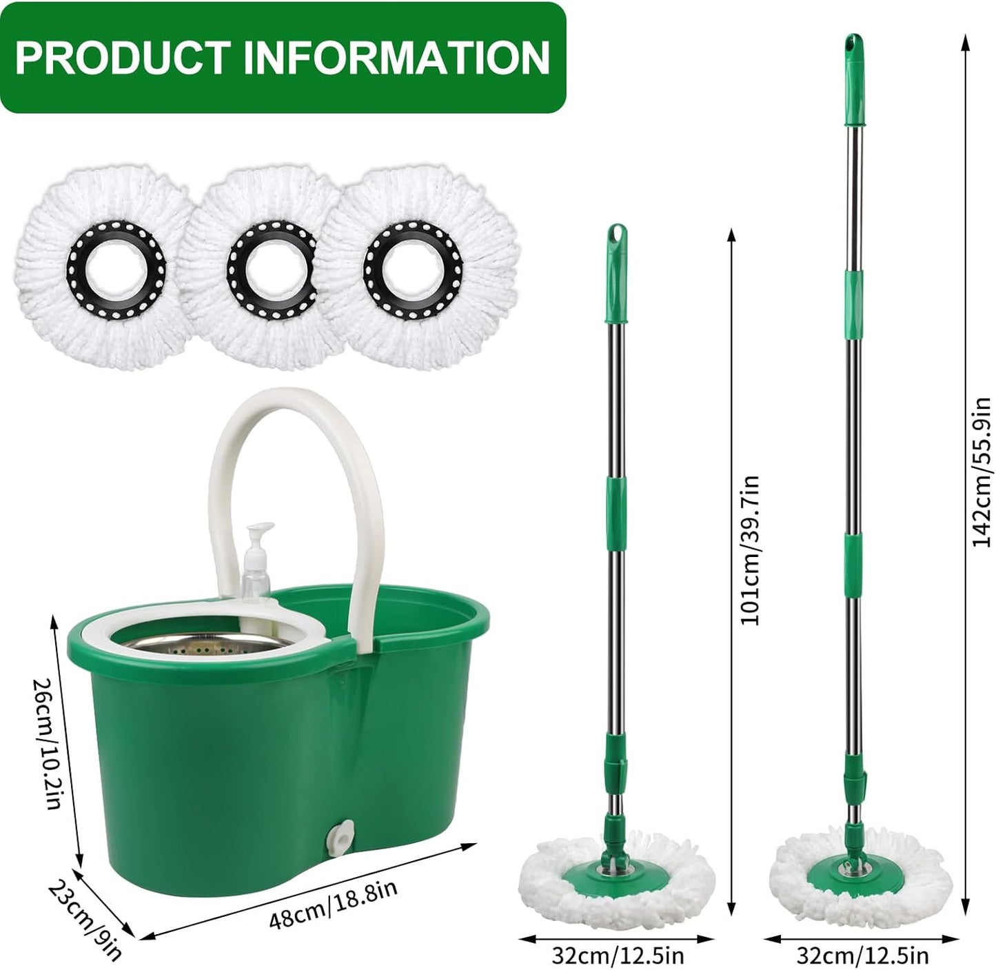 Spin Mop and Bucket with Wringer Set, 360° Rotating Head Mop Bucket System with 3 Microfiber Mop Refills Wet and Dry Suitable for Office and Home Use, Green (Green)