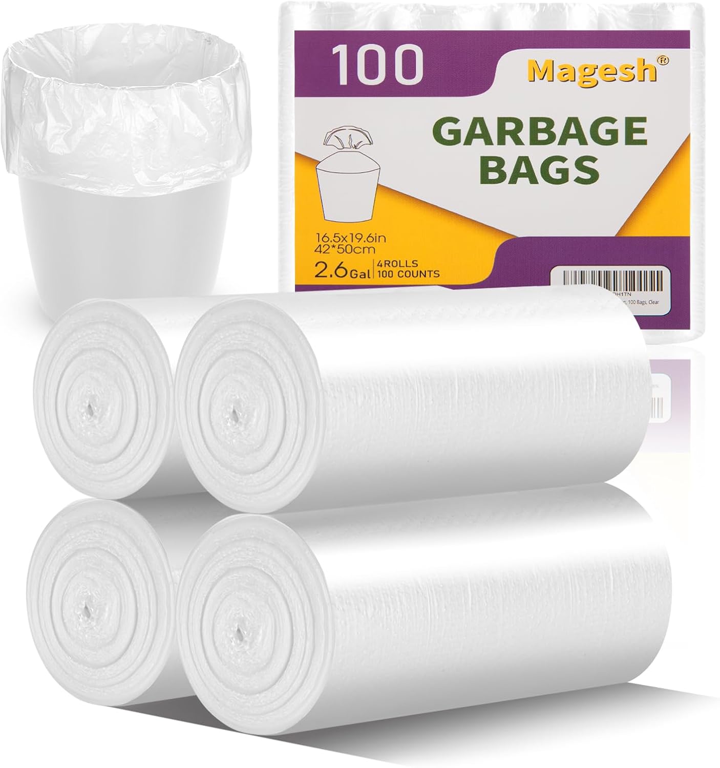 Magesh 4 Gallon Trash Bag Strong, Leakage-Free, Small Garbage Bags Unscented Thick for Bathroom, Office, Kitchen Small Trash Can, 15L, 105 Bags, Clear