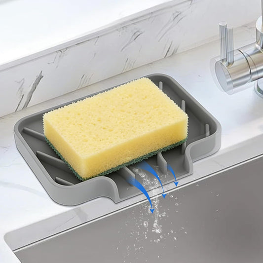 JACZZO Silicone Sponge Holder for Kitchen Sink With Drain Spout, Self Draining, Kitchen Soap Tray, Bathroom Organizer, Sink Caddy (Grey, 10×4)