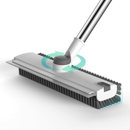 Floor Scrub Brush with Long Handle Length Adjustable, 3 in 1 Heavy-Duty Stiff 90° Bristle Floor Scrubber Broom with Squeegee, Cleaning Brush for Bathroom, Garage, Kitchen, Tile, Deck & Patio (Gray)