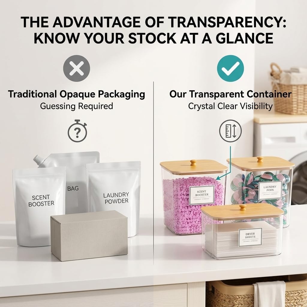 FUSHITON Laundry Pods Storage Container, 4+1 Set Clear Containers with Bamboo Lids for Detergent Pods, Scent Beads & Dryer Sheets, Includes 16 Labels and 3 Measuring Scoops