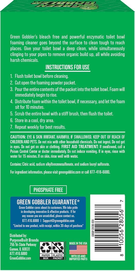 Green Gobbler 5-in-1 Foaming Toilet Bowl Cleaner + Pipe Build-up Remover, Enhanced Enzyme Formula, 2 Uses - Safe for Septic